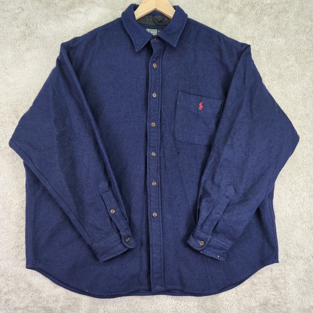 Vtg Polo Ralph Lauren Wool Fleece Button down Shirt XXL Blue 90s Lowell Sport